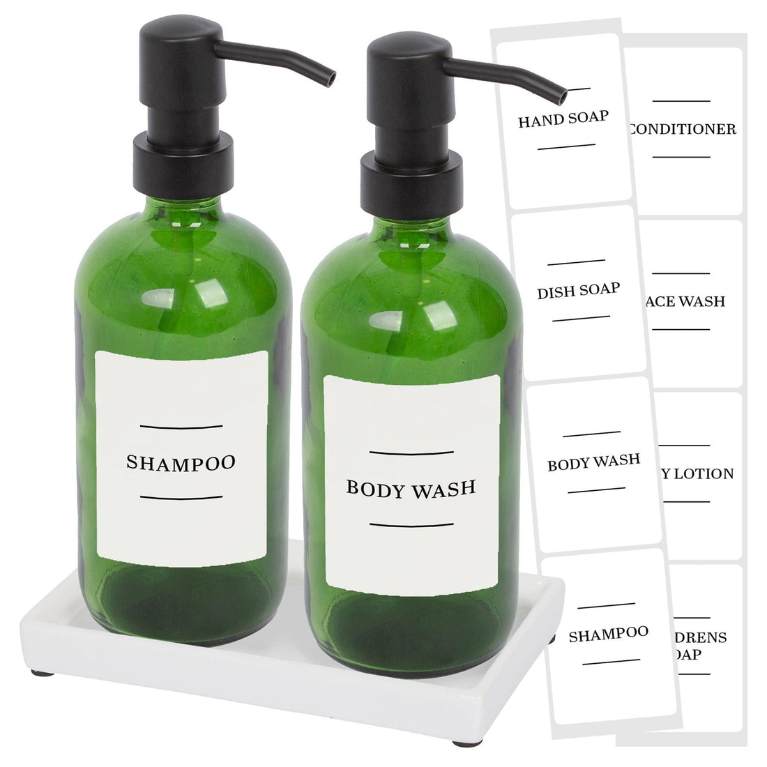 2pc 500ml Green Glass Soap Dispenser with White Labels &amp; Ceramic Tray
