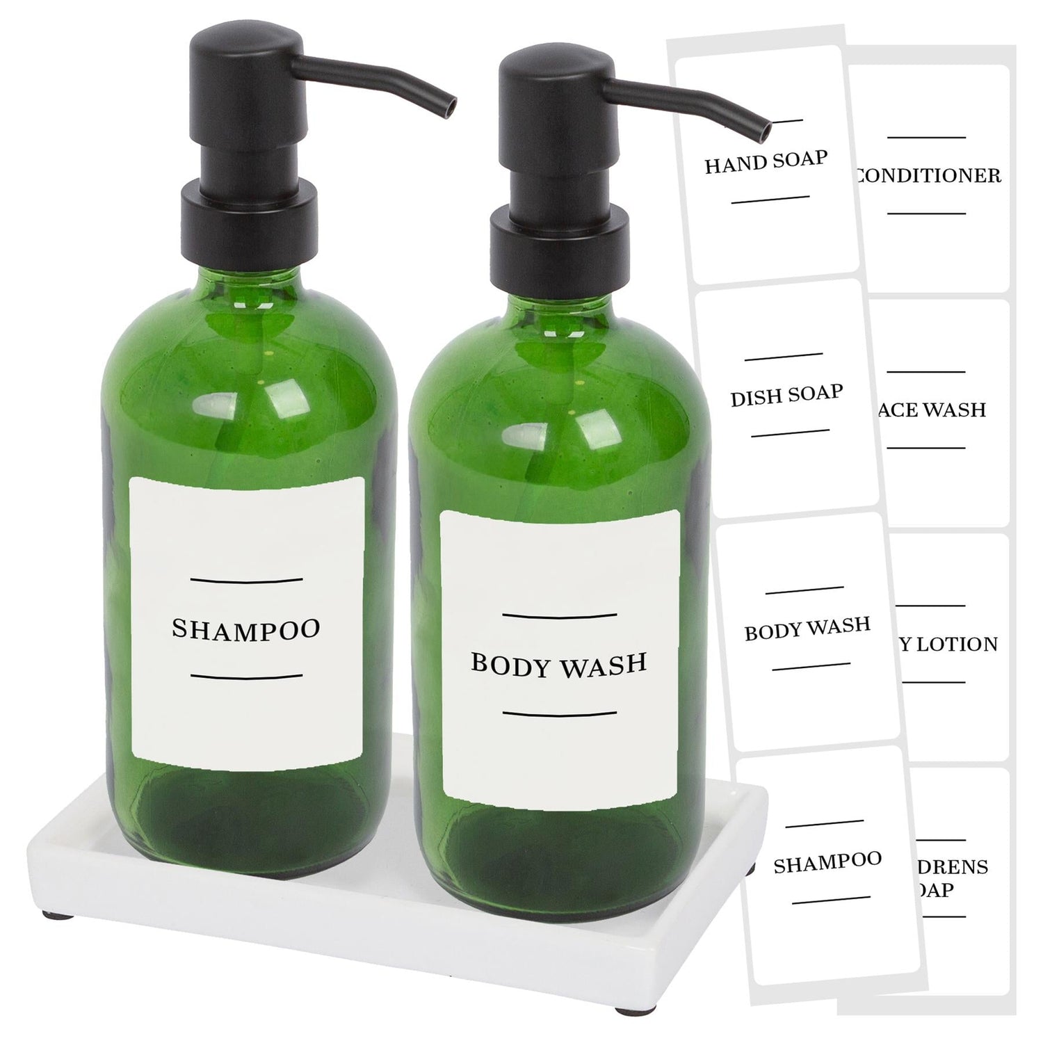 2pc 500ml Green Glass Soap Dispenser with White Labels &amp; Ceramic Tray