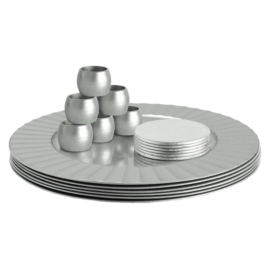Silver 18-Piece 33cm Round Fluted Charger Plate, Coaster &amp; Napkin Ring Set