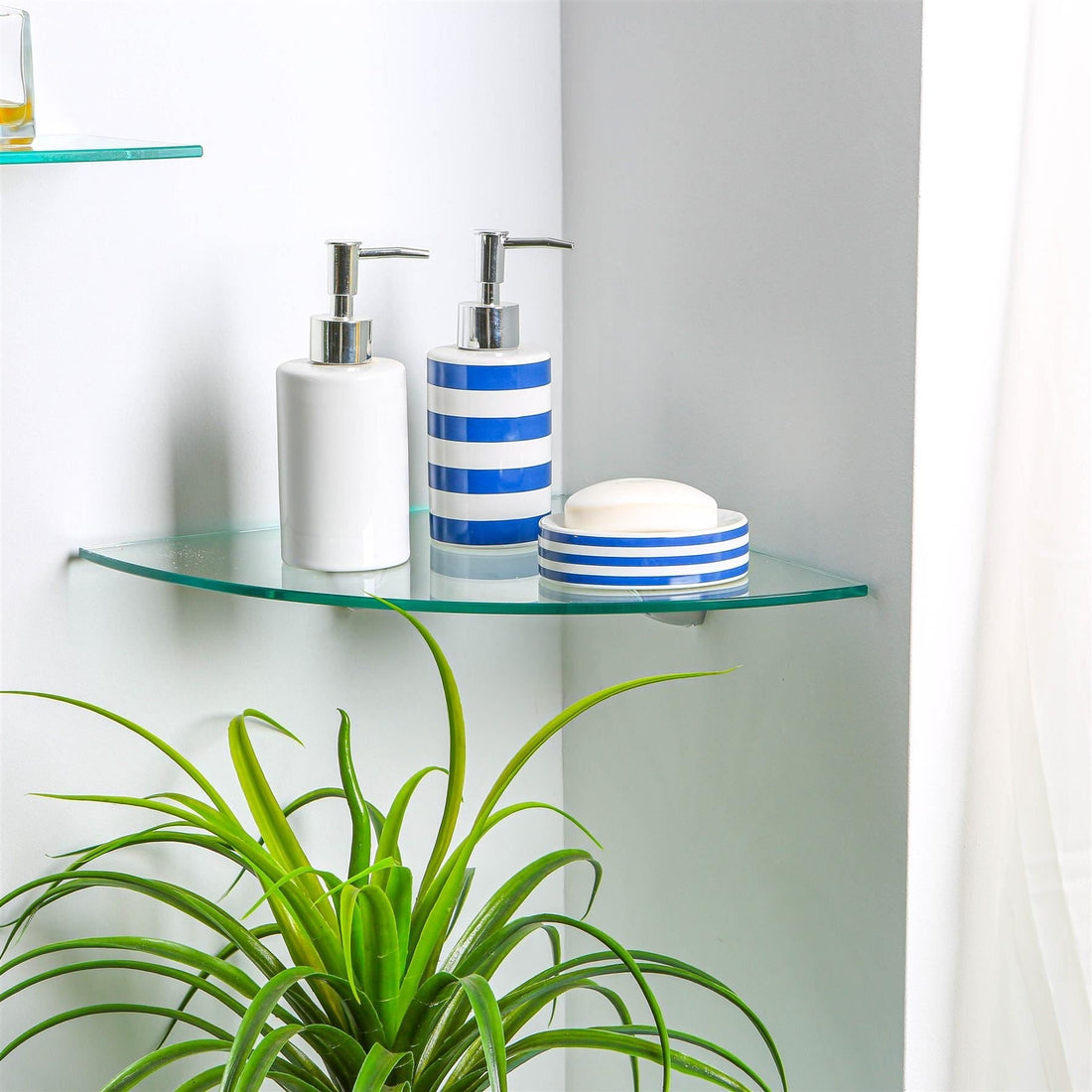 30cm Floating Glass Corner Shelf with Black Fixings