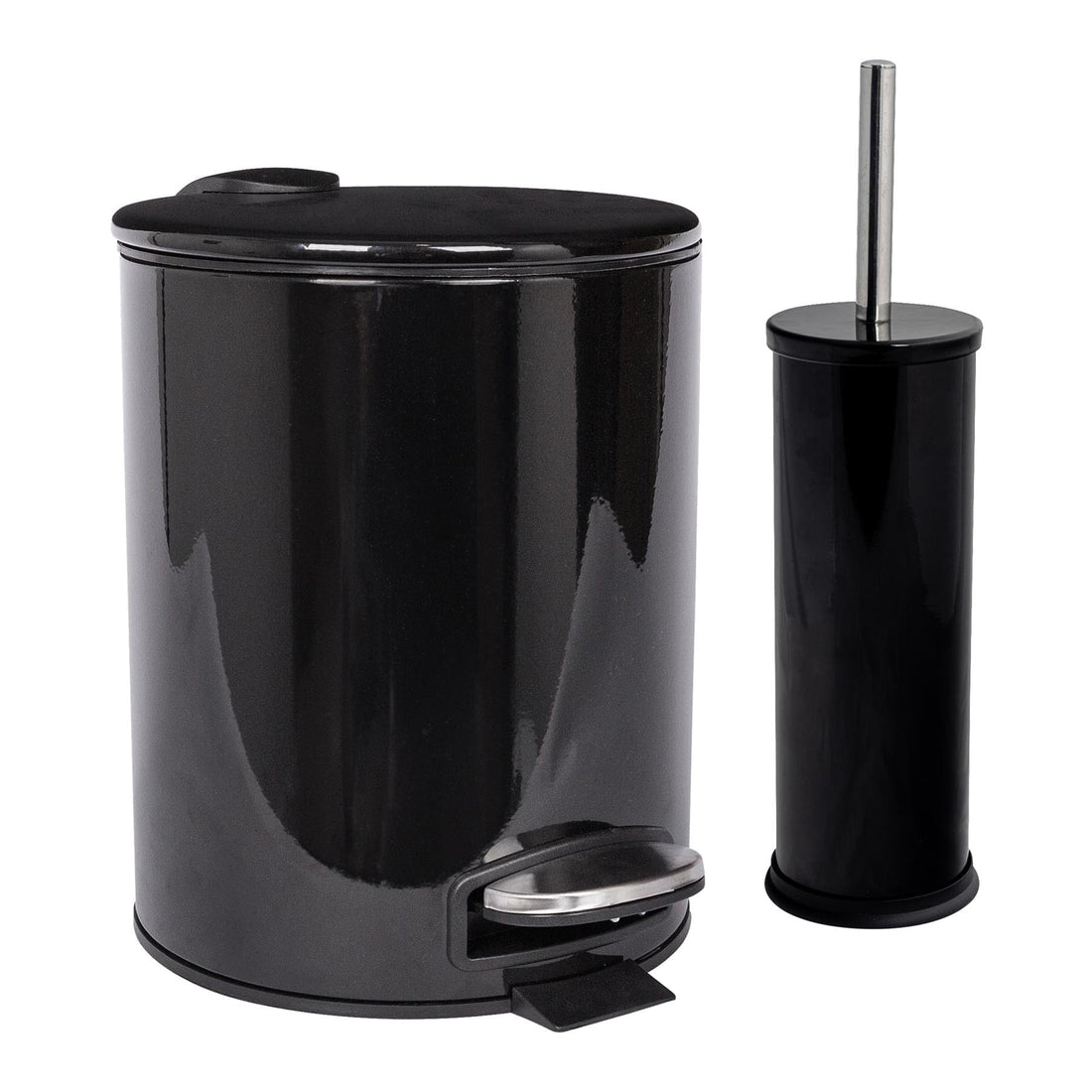 2pc 5L Black Round Stainless Steel Pedal Bin &amp; Toilet Brush Set