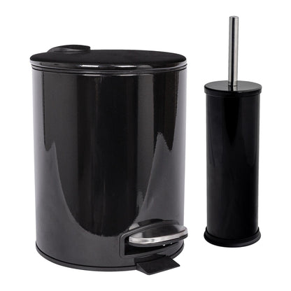 2pc 5L Black Round Stainless Steel Pedal Bin &amp; Toilet Brush Set