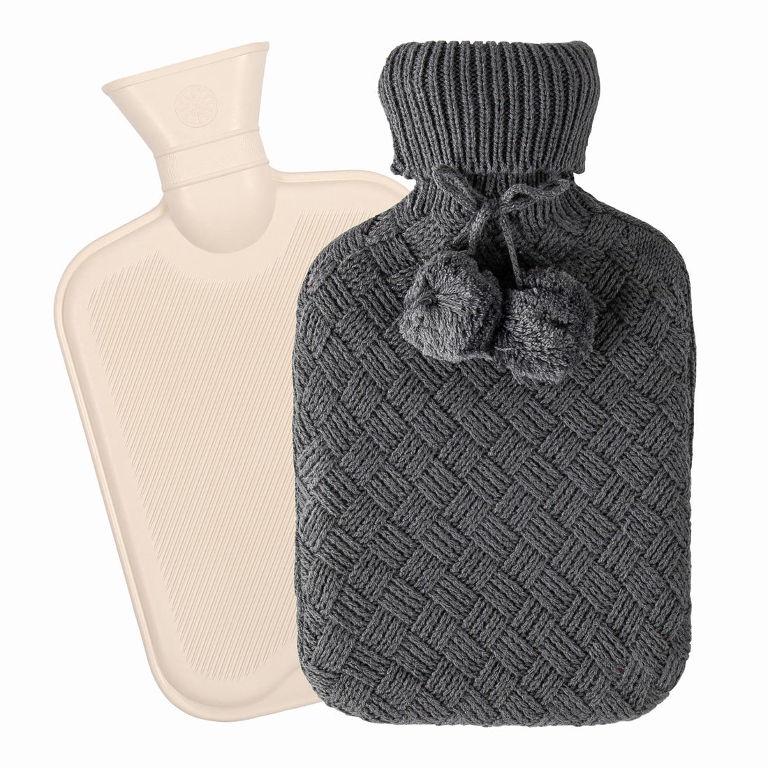 Hot Water Bottle with Knitted Cover - 1.8L - Cream/Dark Grey