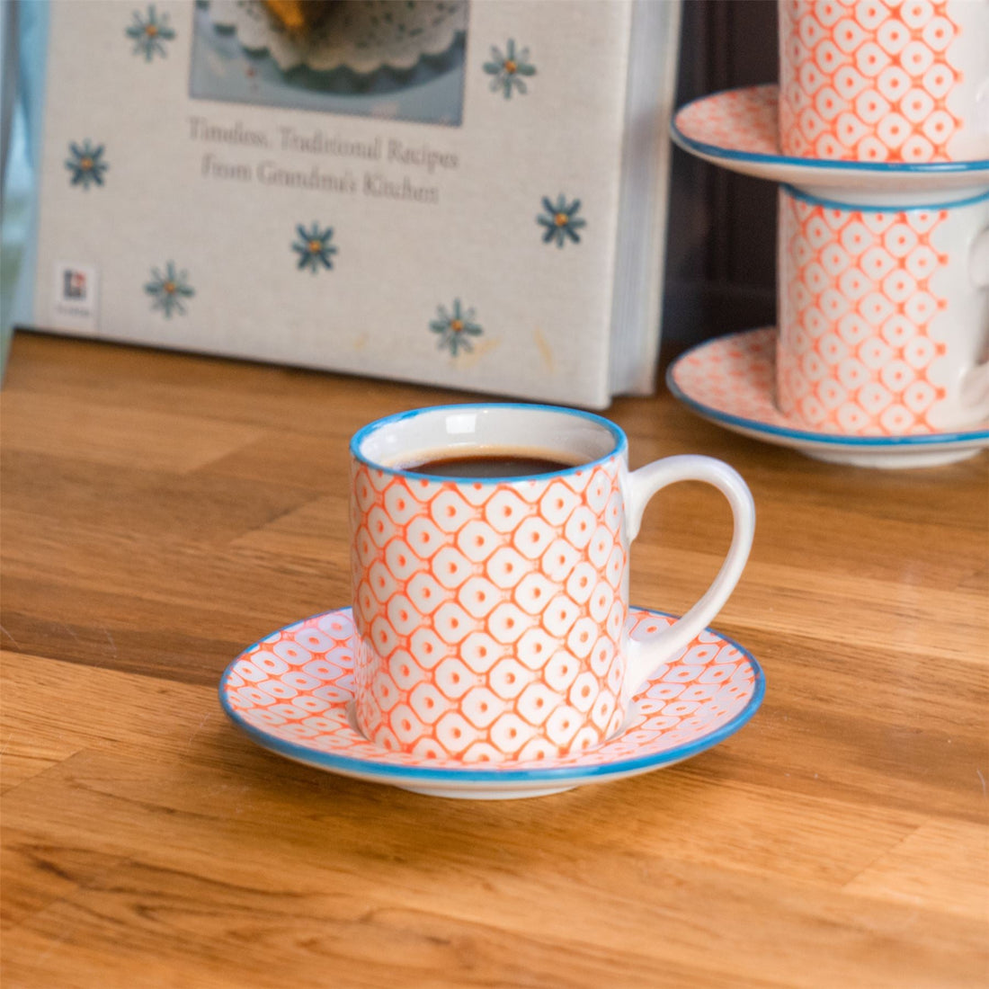 12pc 65ml Hand-Printed Stoneware Orange Espresso Cup &amp; Saucer Set