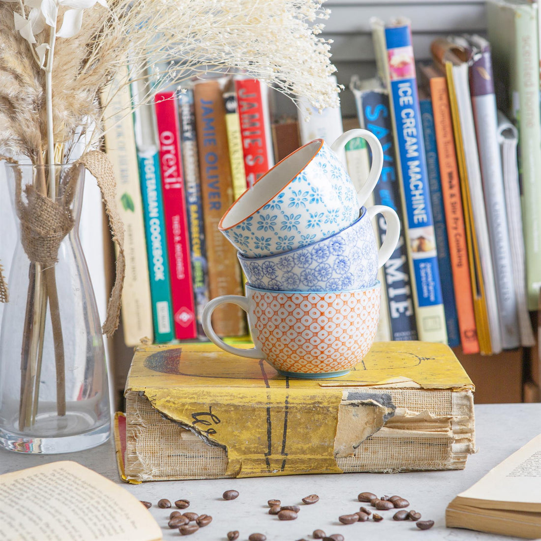 250ml Floral Hand-Printed Stoneware Cappuccino Cups - Pack of Six