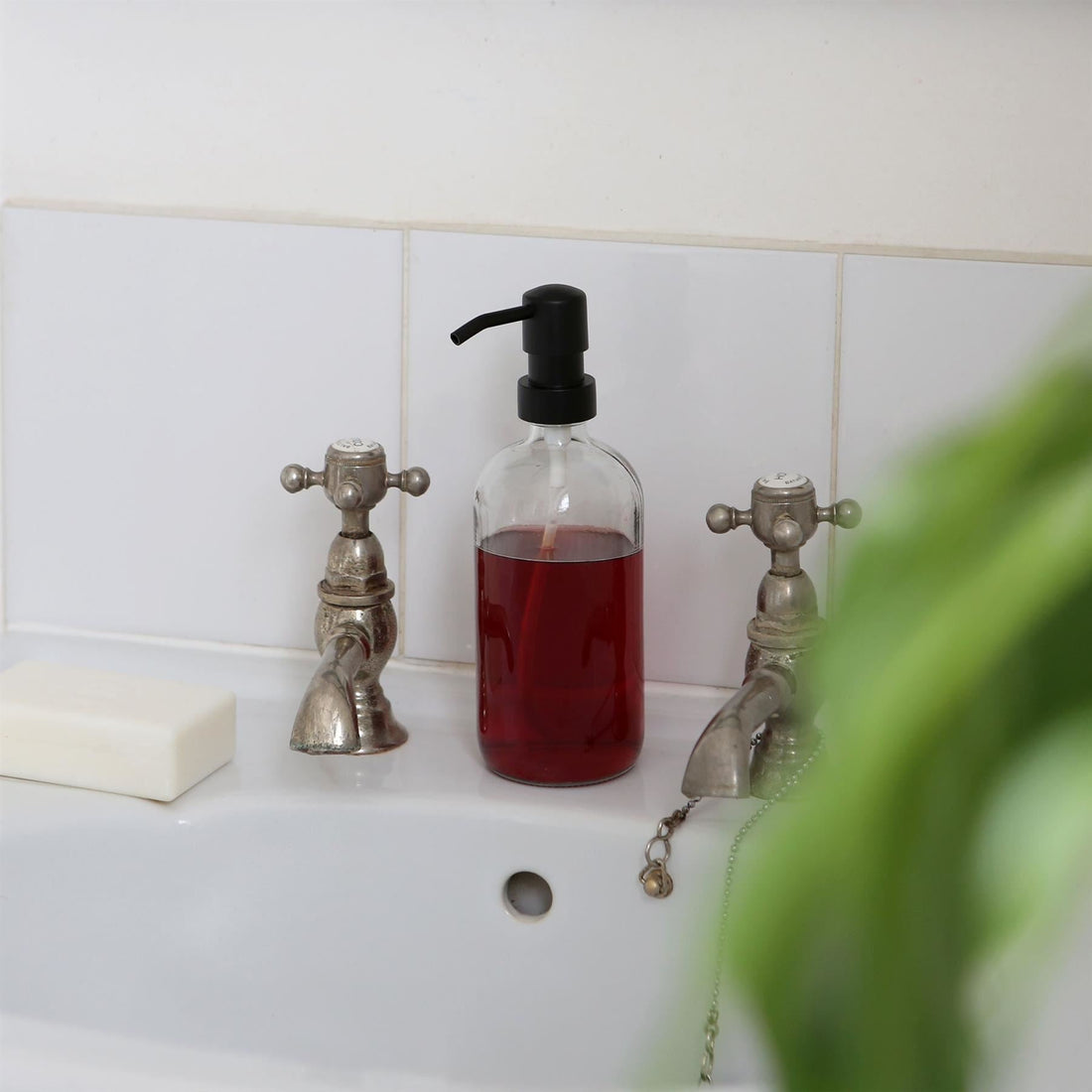 2pc 500ml Glass Soap Dispenser with Black Labels &amp; Bamboo Tray