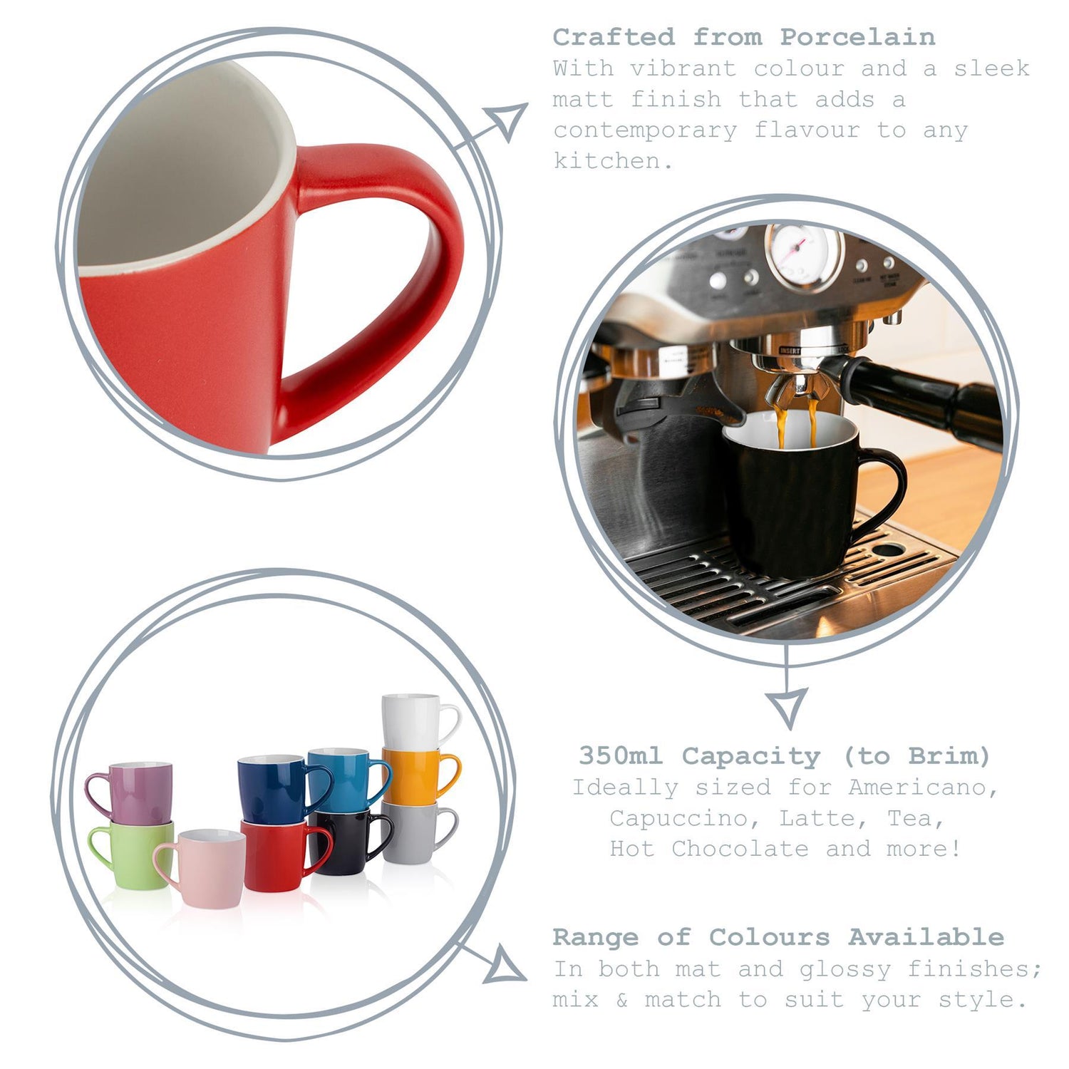 350ml Matt Black Coloured Coffee Mugs - Pack of Six