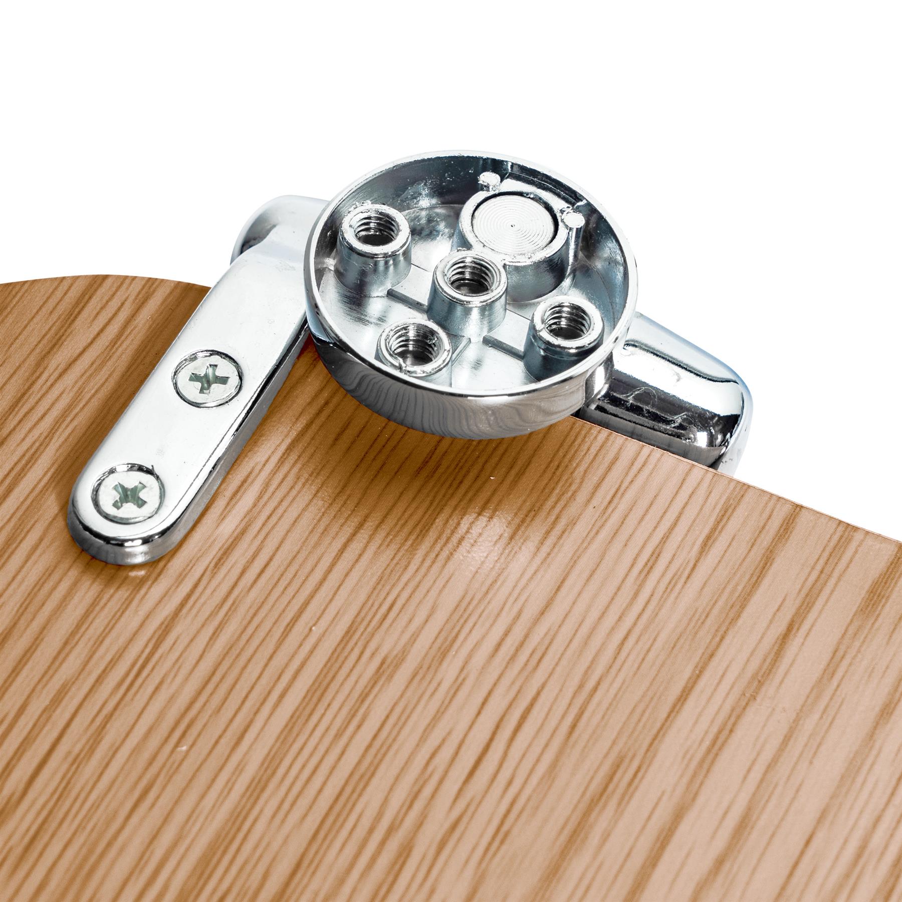 Close-up of chrome-plated soft-close hinges on a dark oak soft-close tongue and groove MDF wood toilet seat