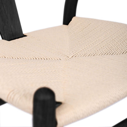 Black Wooden Wishbone Dining Chair with Beige Weave