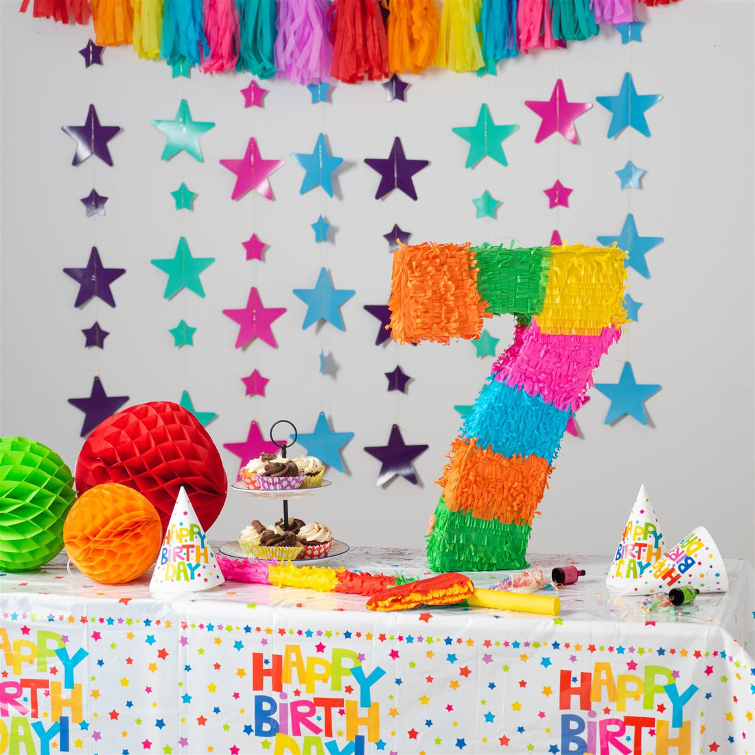 Large Number 7 Pinata Party Set with Pink Stick