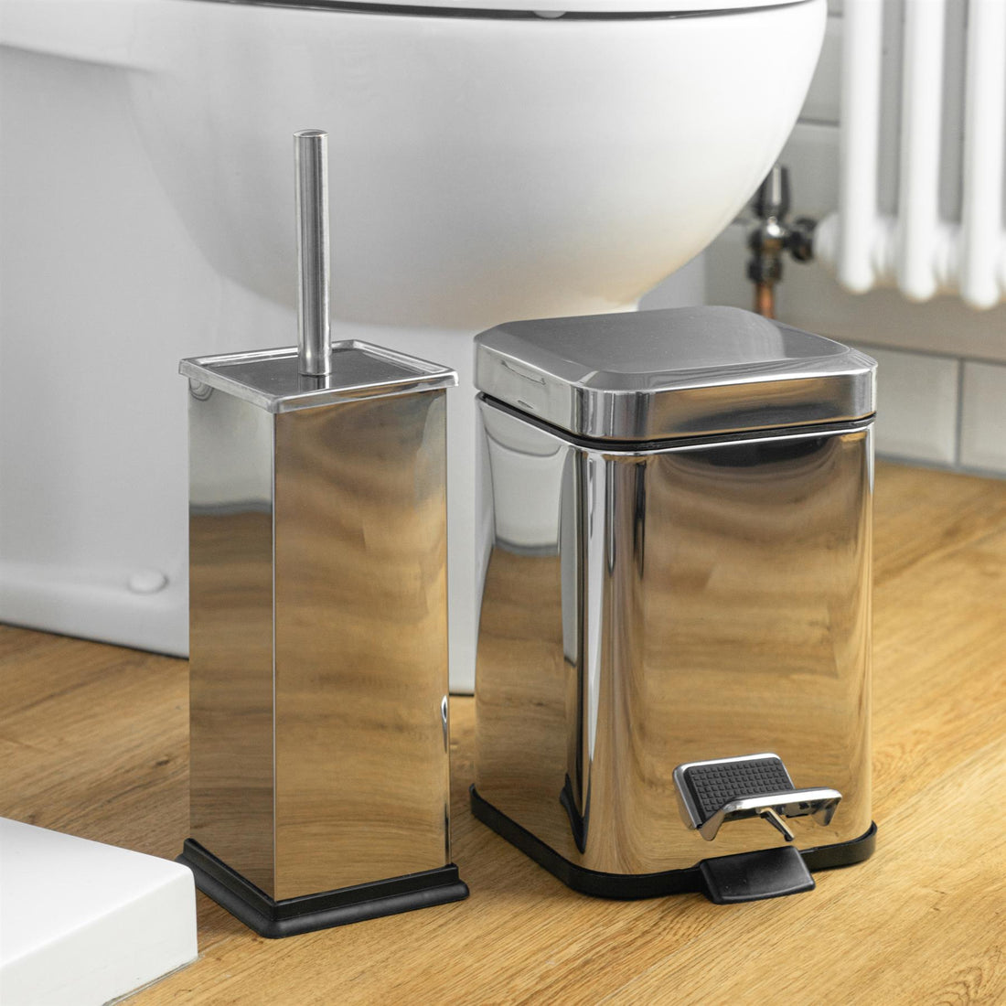 Chrome Square Toilet Brush &amp; Bin Set
