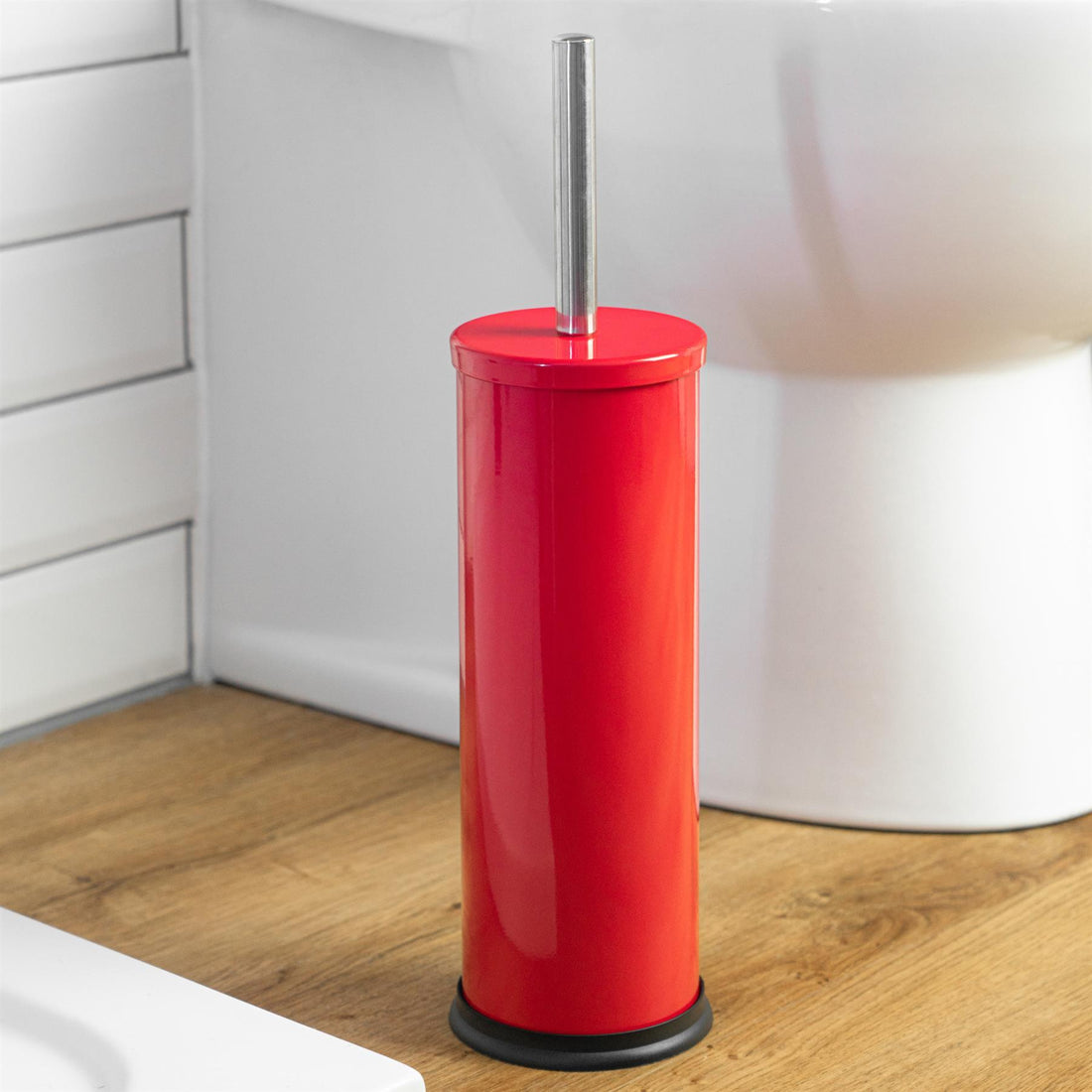 Red Round Stainless Steel Toilet Brush &amp; Holder