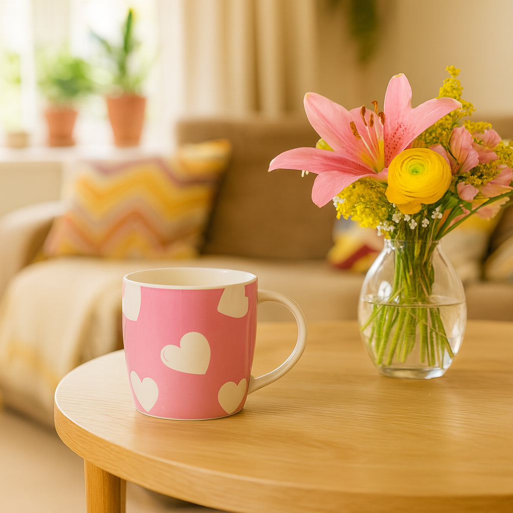 350ml Pink &amp; White Hearts Simply Home Stoneware Mugs - Pack of Six