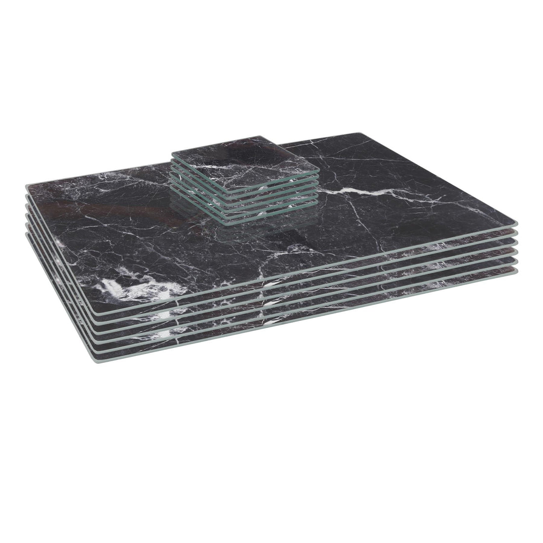 Black Marble-Effect 12-Piece Glass Placemat &amp; Coaster Set - 40cm x 30cm Rectangular Placemats &amp; Square Coasters