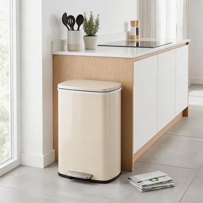 50L Square Stainless Steel Kitchen Pedal Bin - Beige