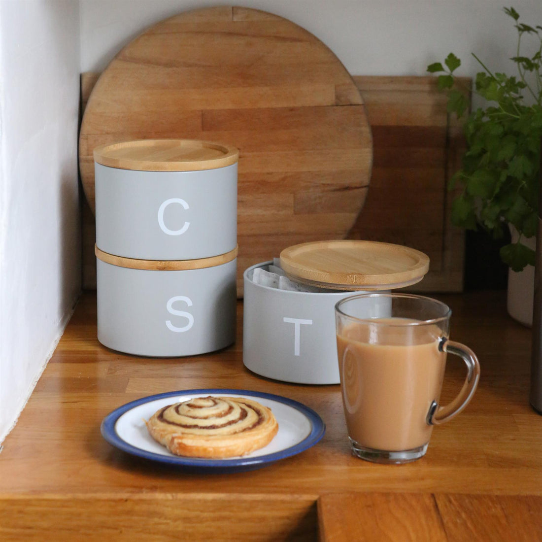 3pc Stacking Tea Coffee Sugar Grey Canister Set with Bamboo Lids