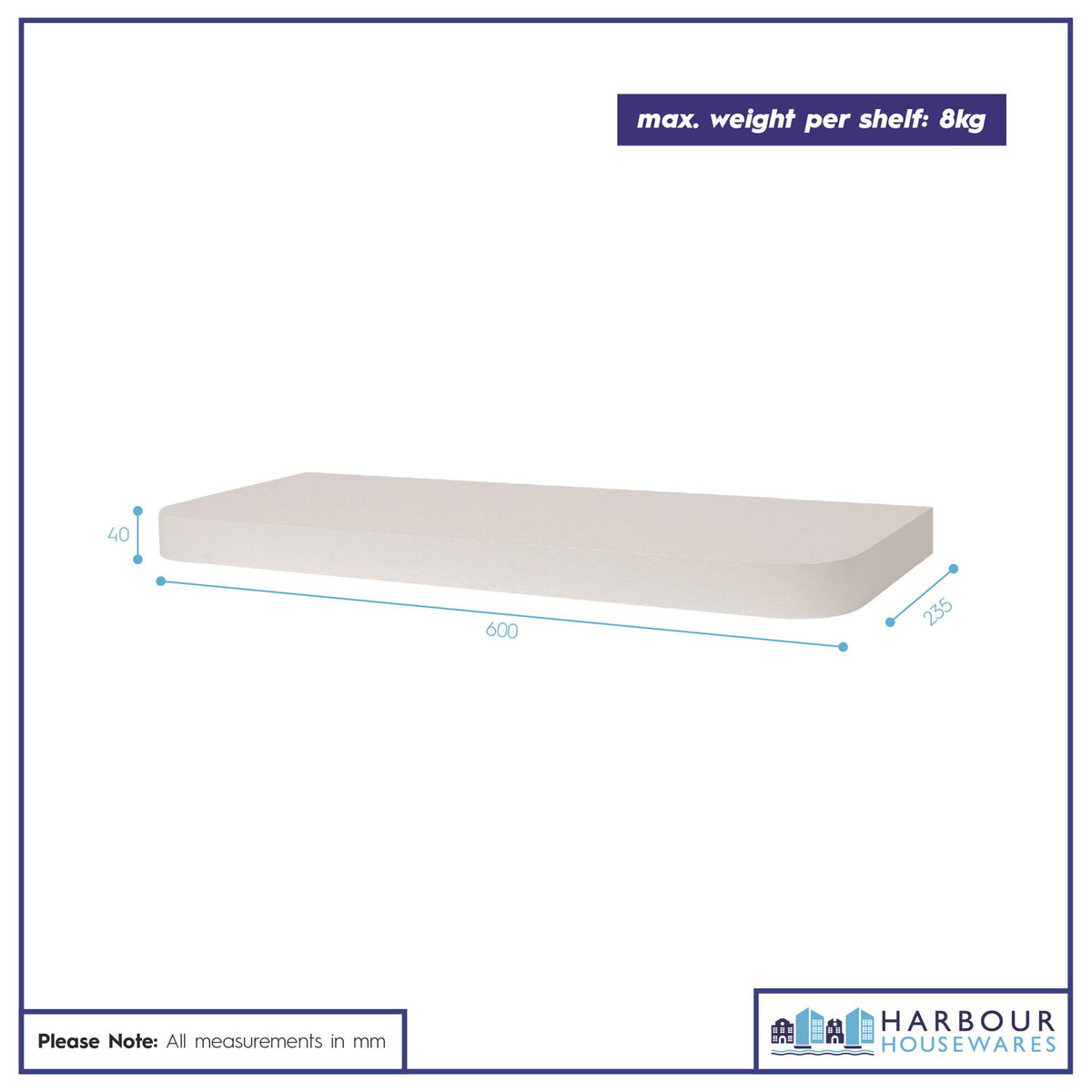 Rounded Wooden Floating Shelf - 60cm - White
