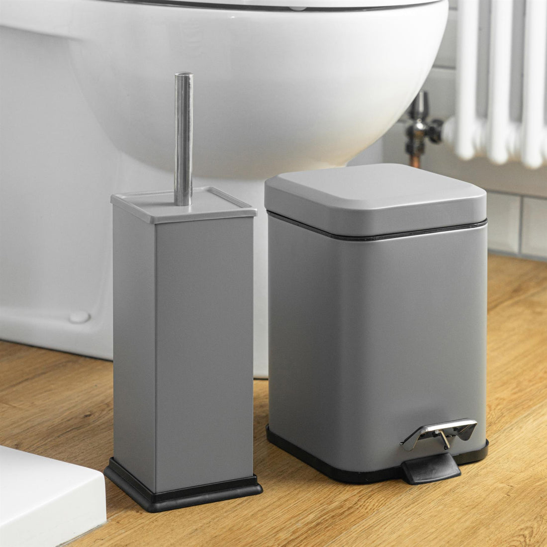 Matt Grey Square Toilet Brush &amp; Bin Set
