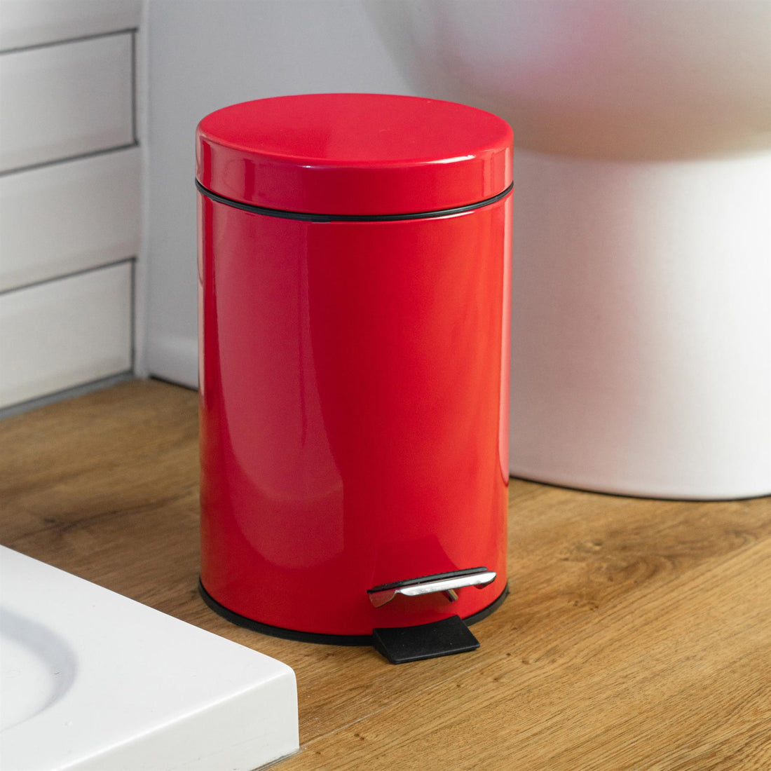 3L Red Round Stainless Steel Bathroom Pedal Bin