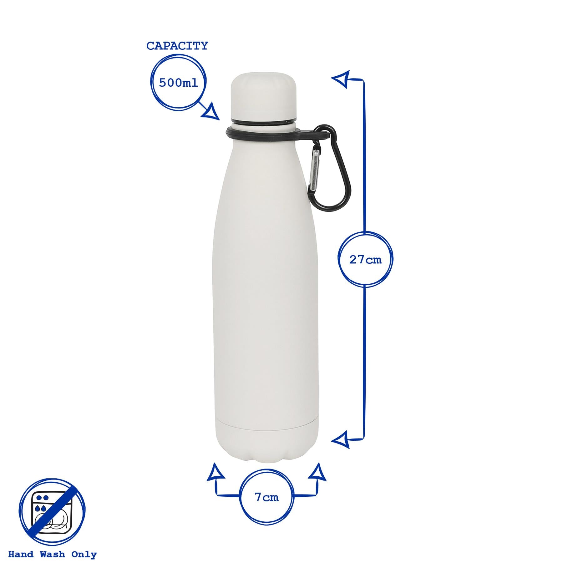 500ml White Stainless Steel Water Bottle with Carabiner Clip