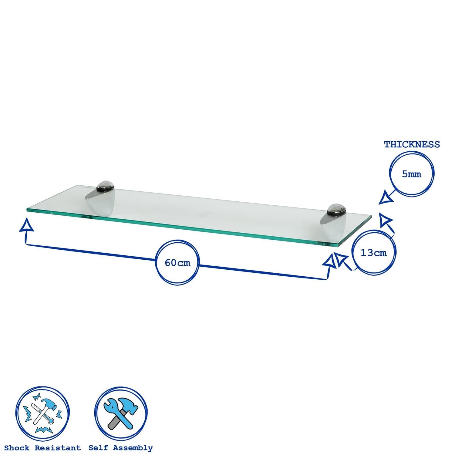 60cm Floating Glass Shelf with Chrome Fixings