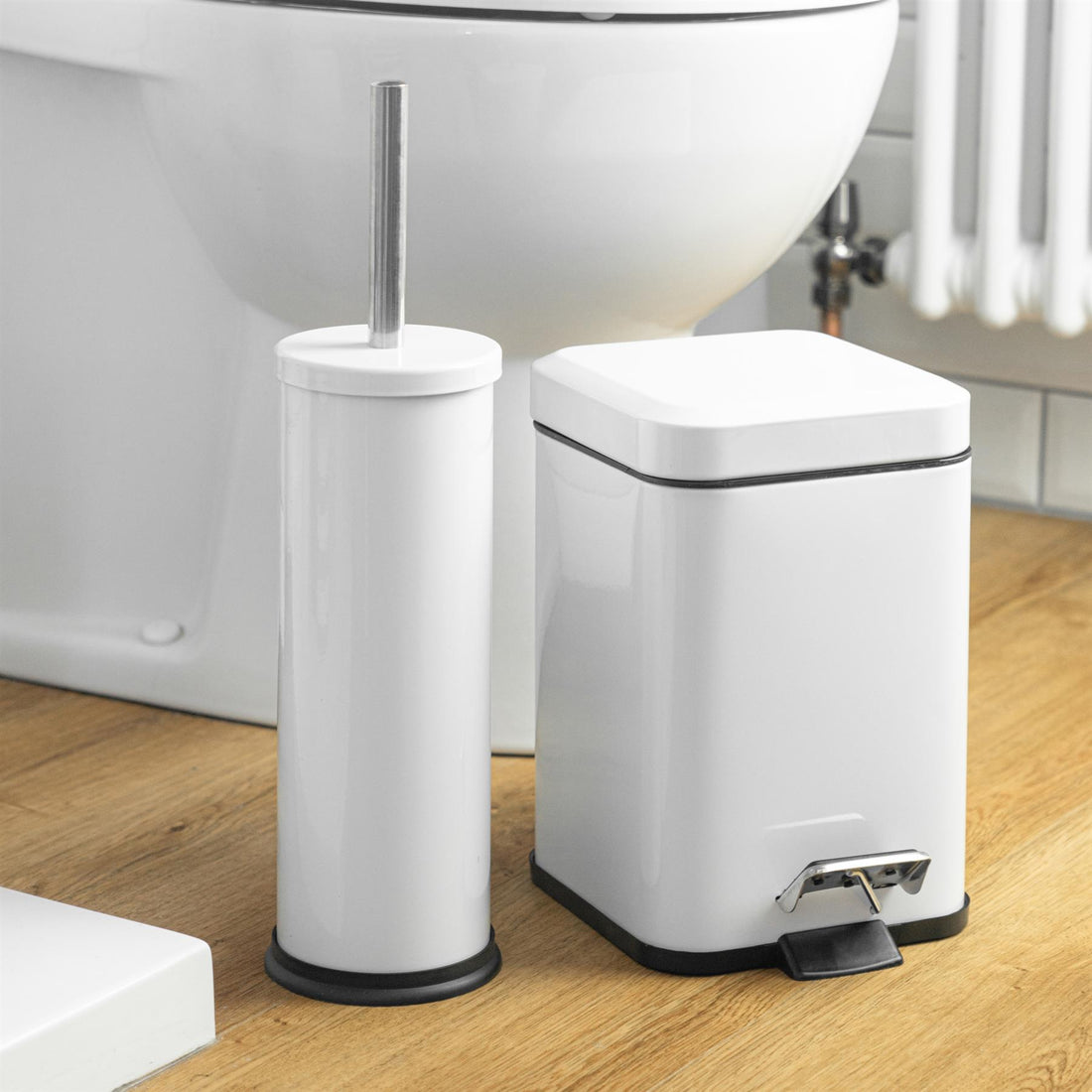 White Round Toilet Brush &amp; Square Bin Set