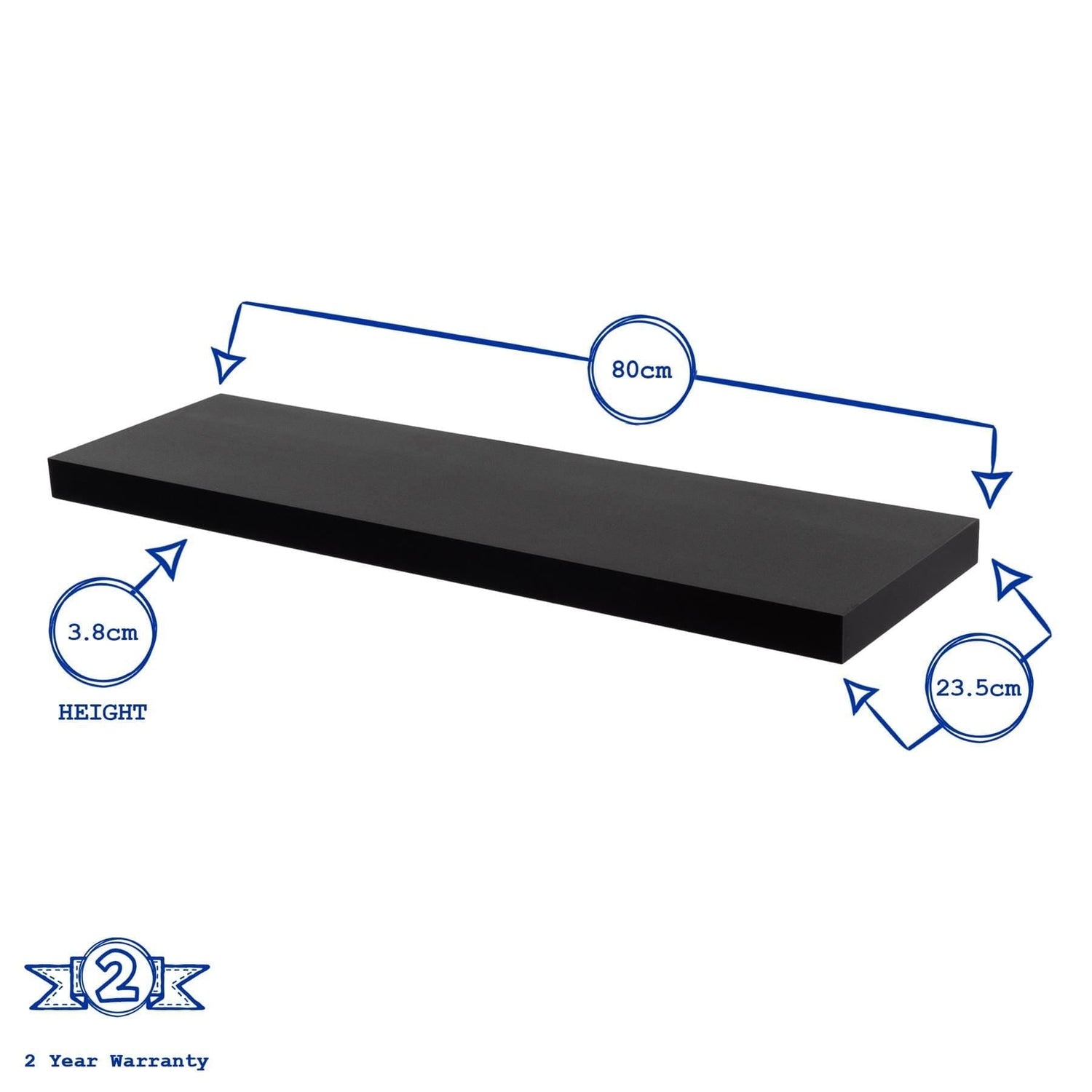 80cm Black Modern Floating Shelves - Pack of Two