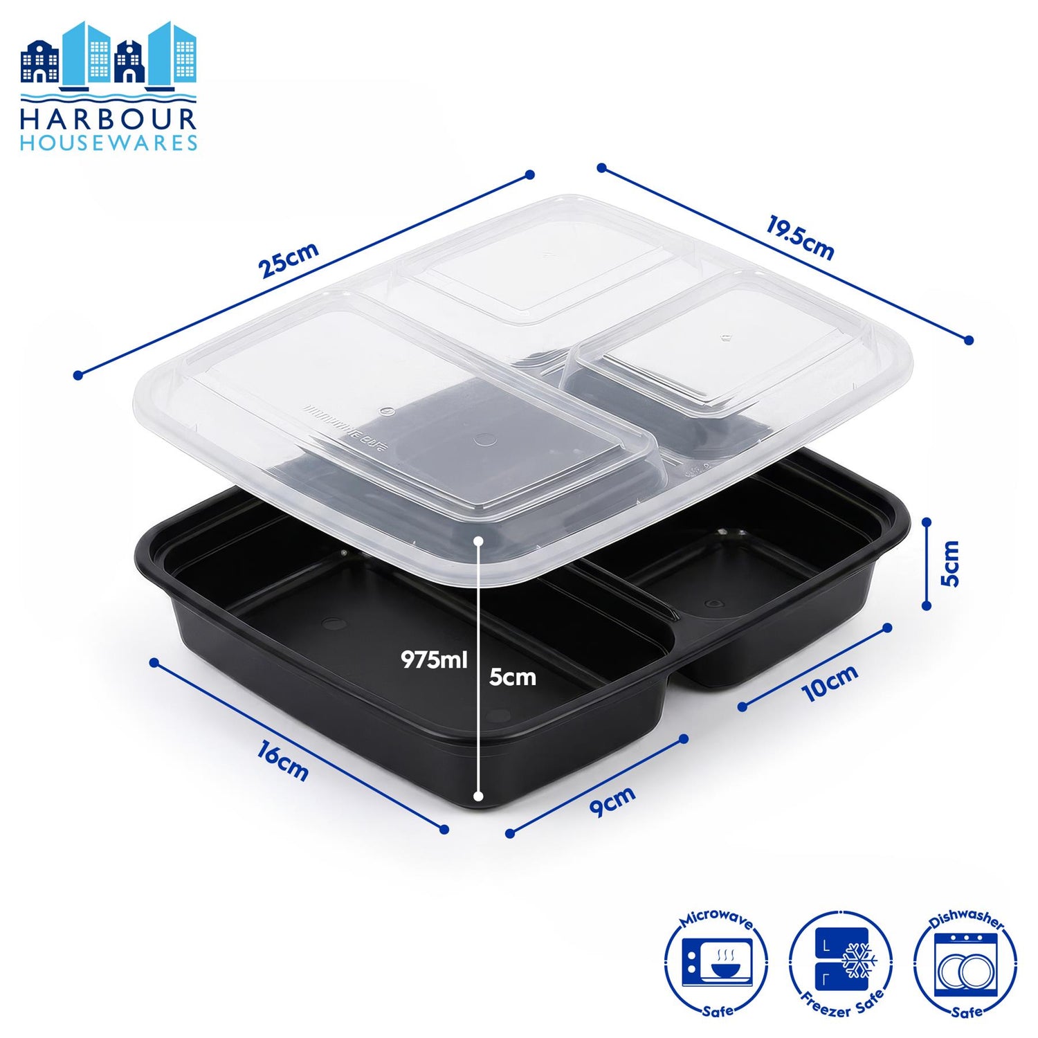 Reusable Meal Prep Containers - 3 Compartments (975ml) - Pack of 10