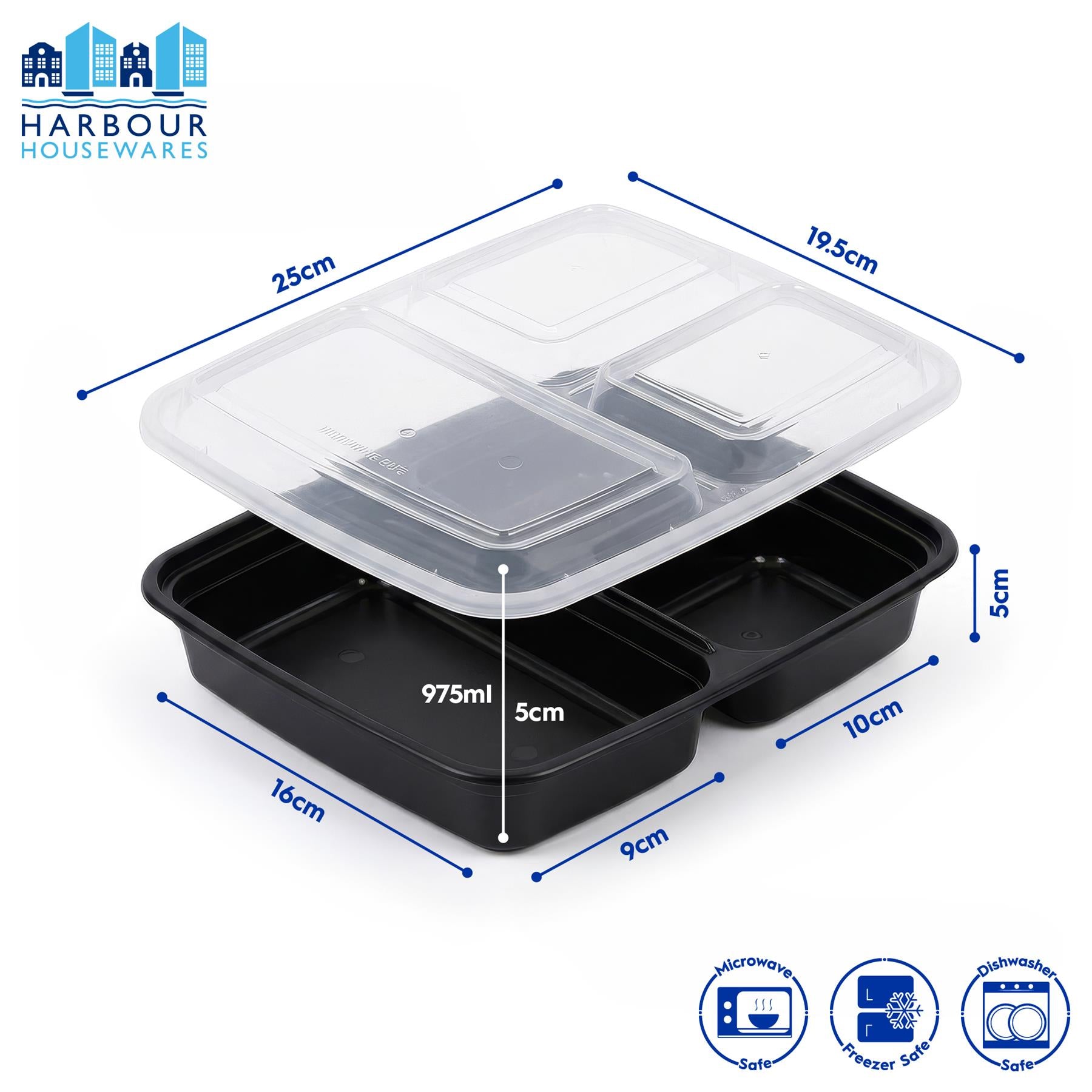Reusable Meal Prep Containers - 3 Compartments (975ml) - Pack of 10