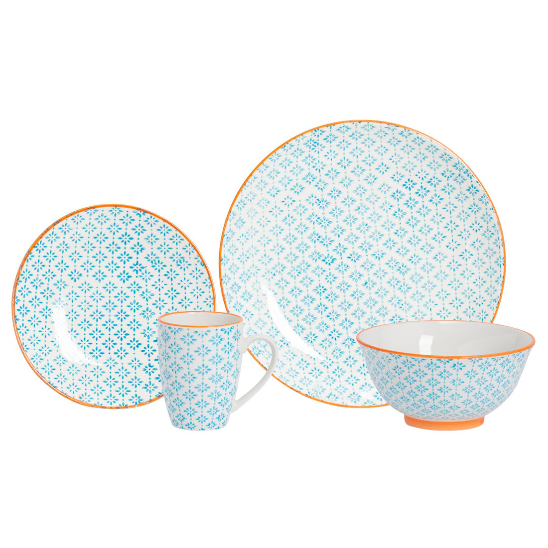 24pc Hand-Printed Blue Floral Stoneware Dinner Set