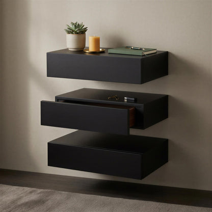 Wooden Floating Shelf with Drawer - 40cm - Black