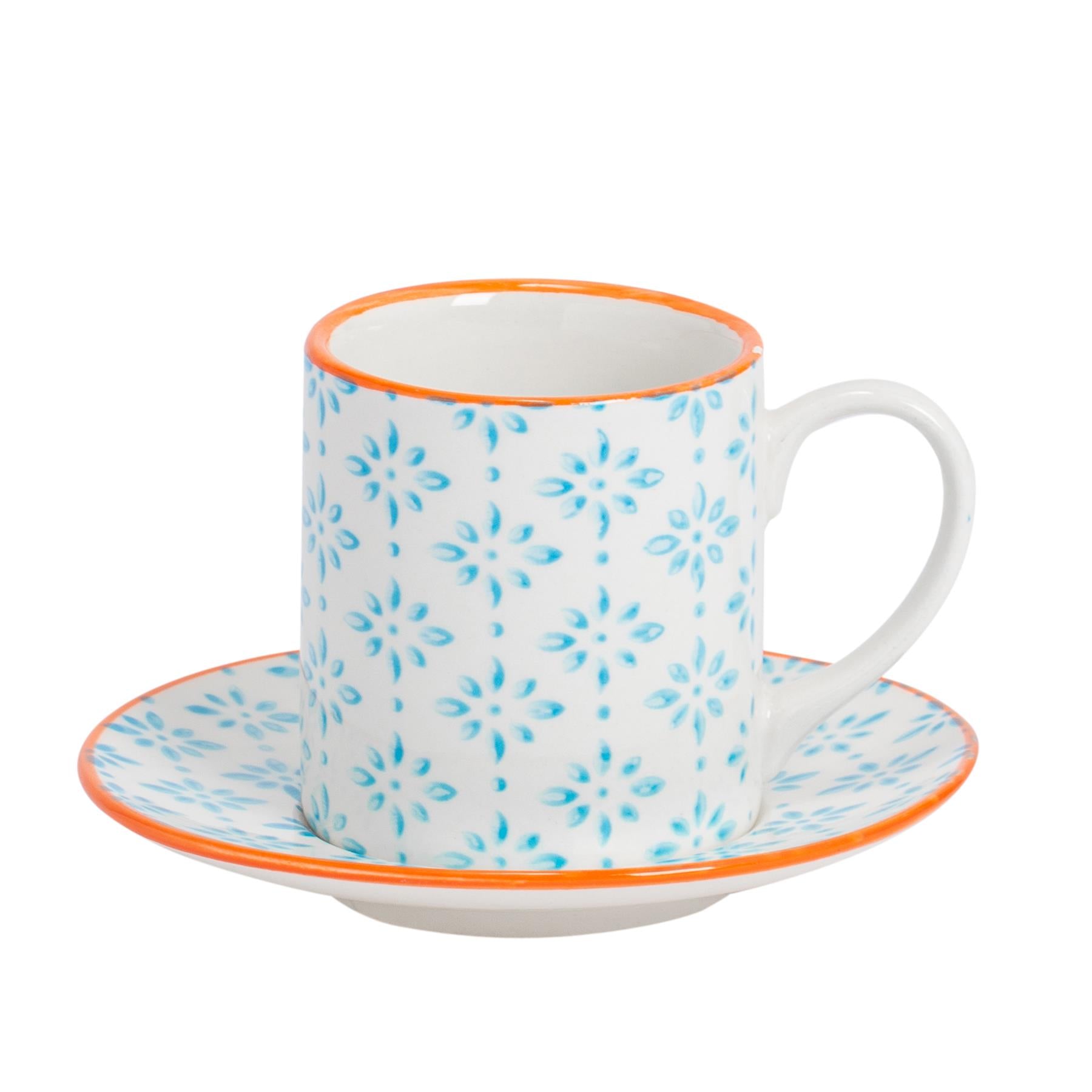 12pc 65ml Hand-Printed Stoneware Blue Espresso Cup &amp; Saucer Set