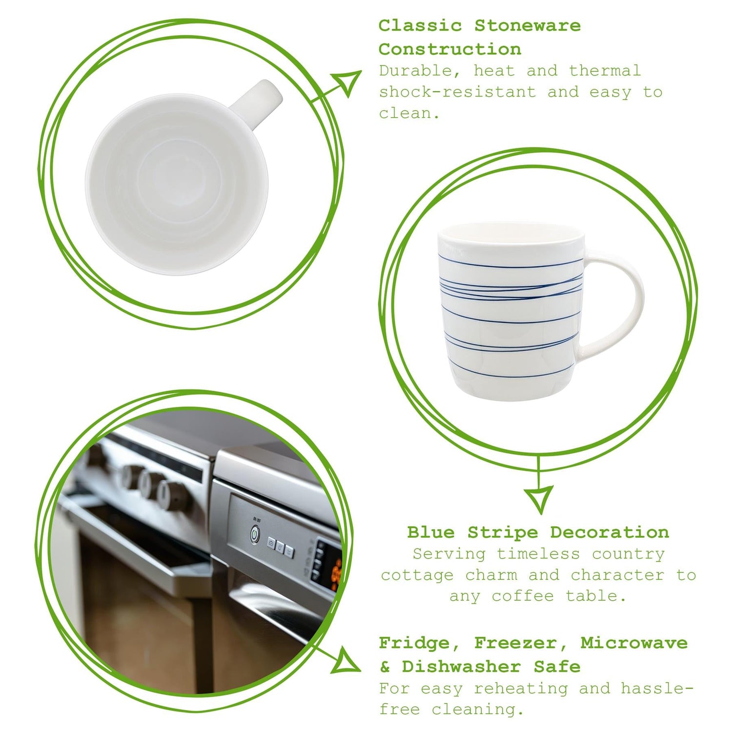 350ml Blue &amp; White Stripe Simply Home Stoneware Mugs - Pack of Six