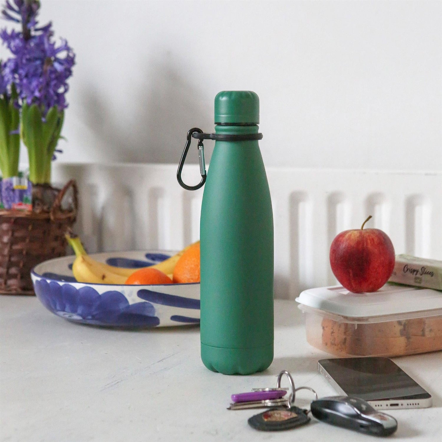 500ml Green Stainless Steel Water Bottle with Carabiner Clip