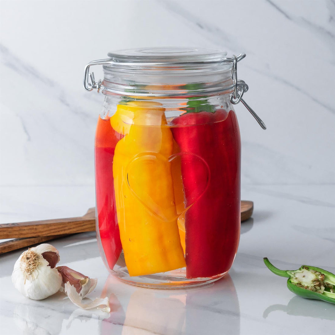1L Airtight Glass Storage Jar with Embossed Heart Detail - Orange Seal