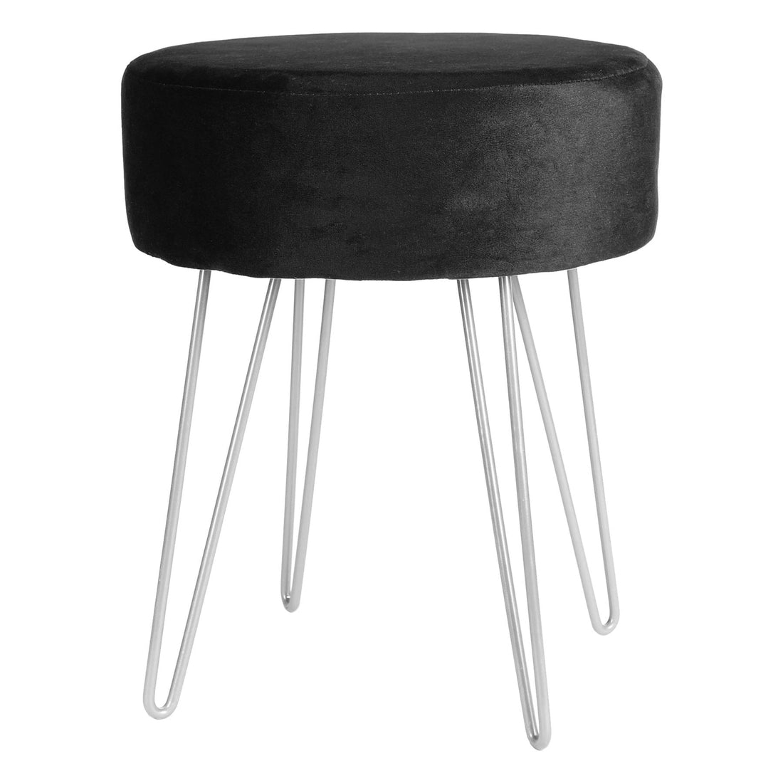 Black Round Velvet Footstool with Silver Legs