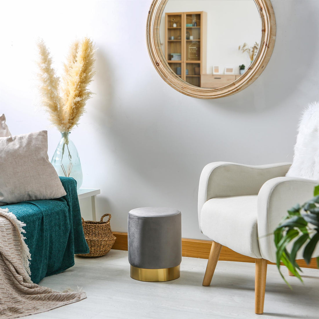 Grey Round Velvet Footstool