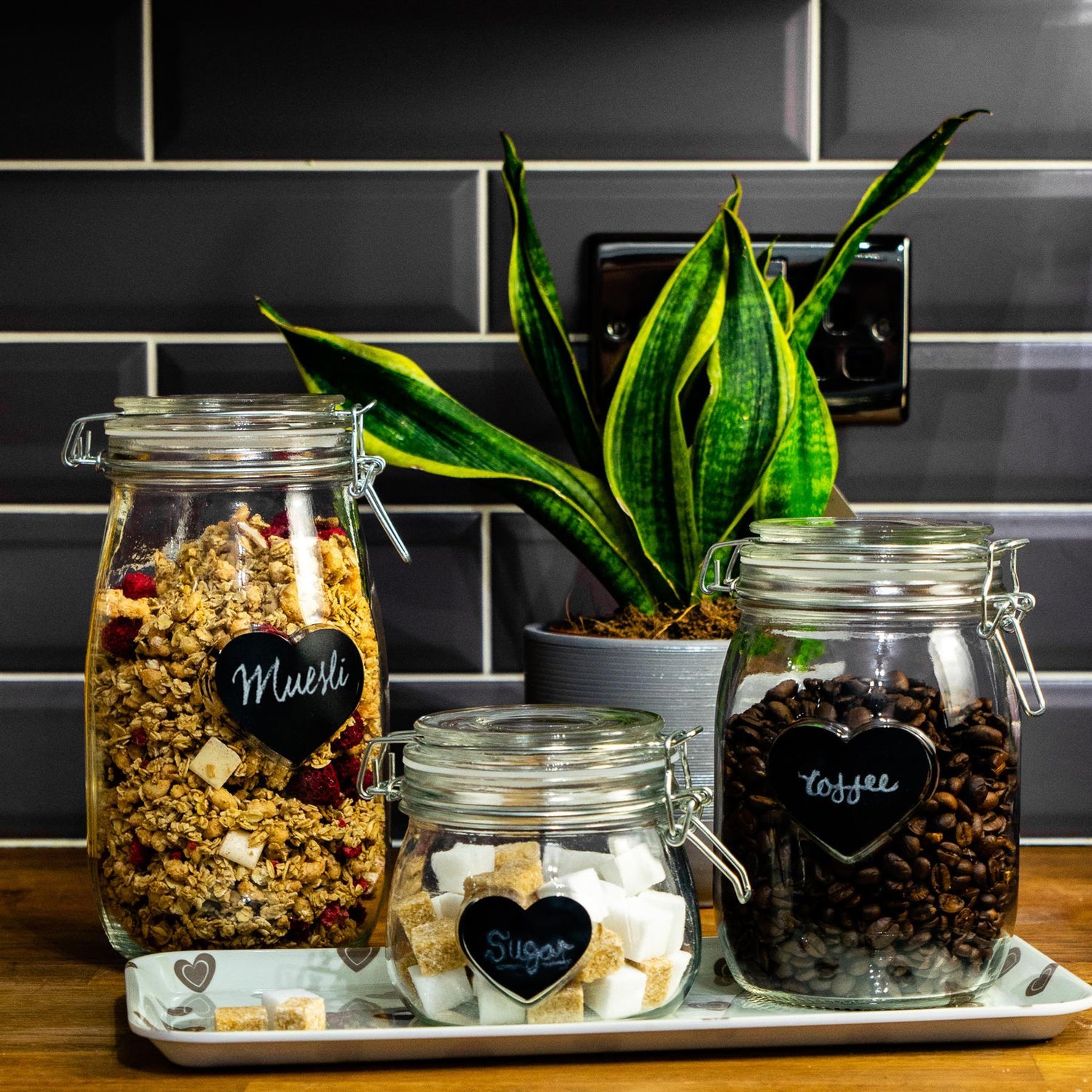 1L Air tight Glass Storage Jar with Embossed Heart Detail &amp; Label - Pack of Six