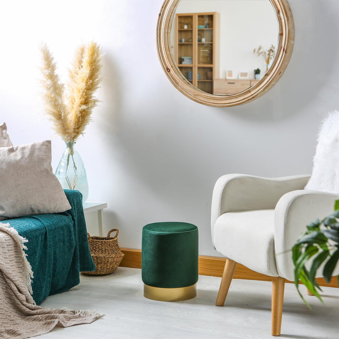 Green Round Velvet Footstool