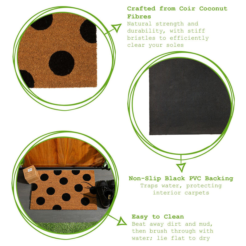 60cm x 40cm Black Polka Dot Coir Door Mat - By Nicola Spring