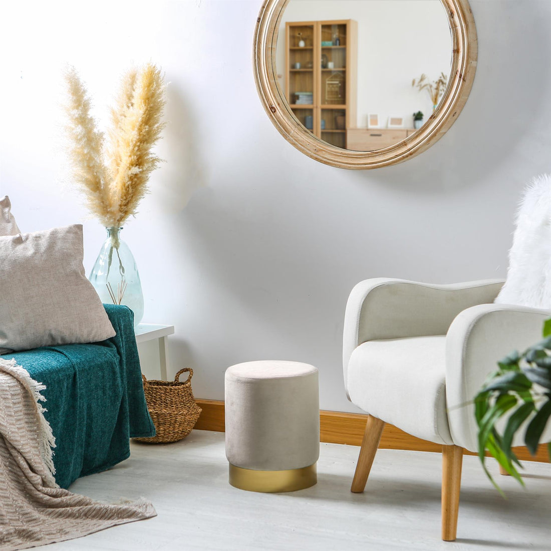 Cream Round Velvet Footstool