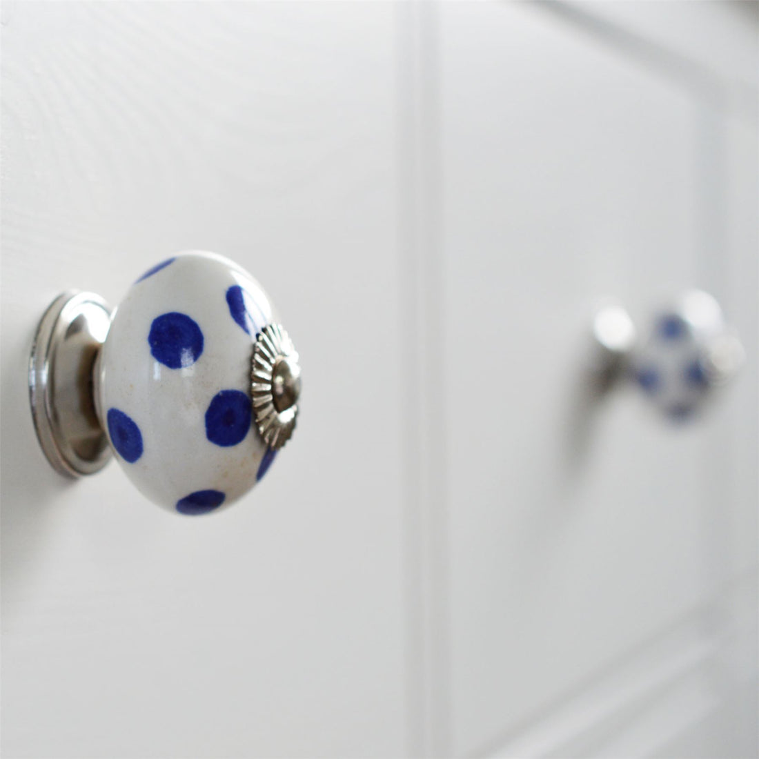 Blue Dot on White 45mm Round Spot Ceramic Cabinet Knob