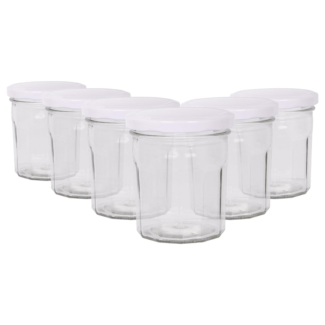 250ml Octagonal Glass Jam Jars with White Lids - Pack of 6