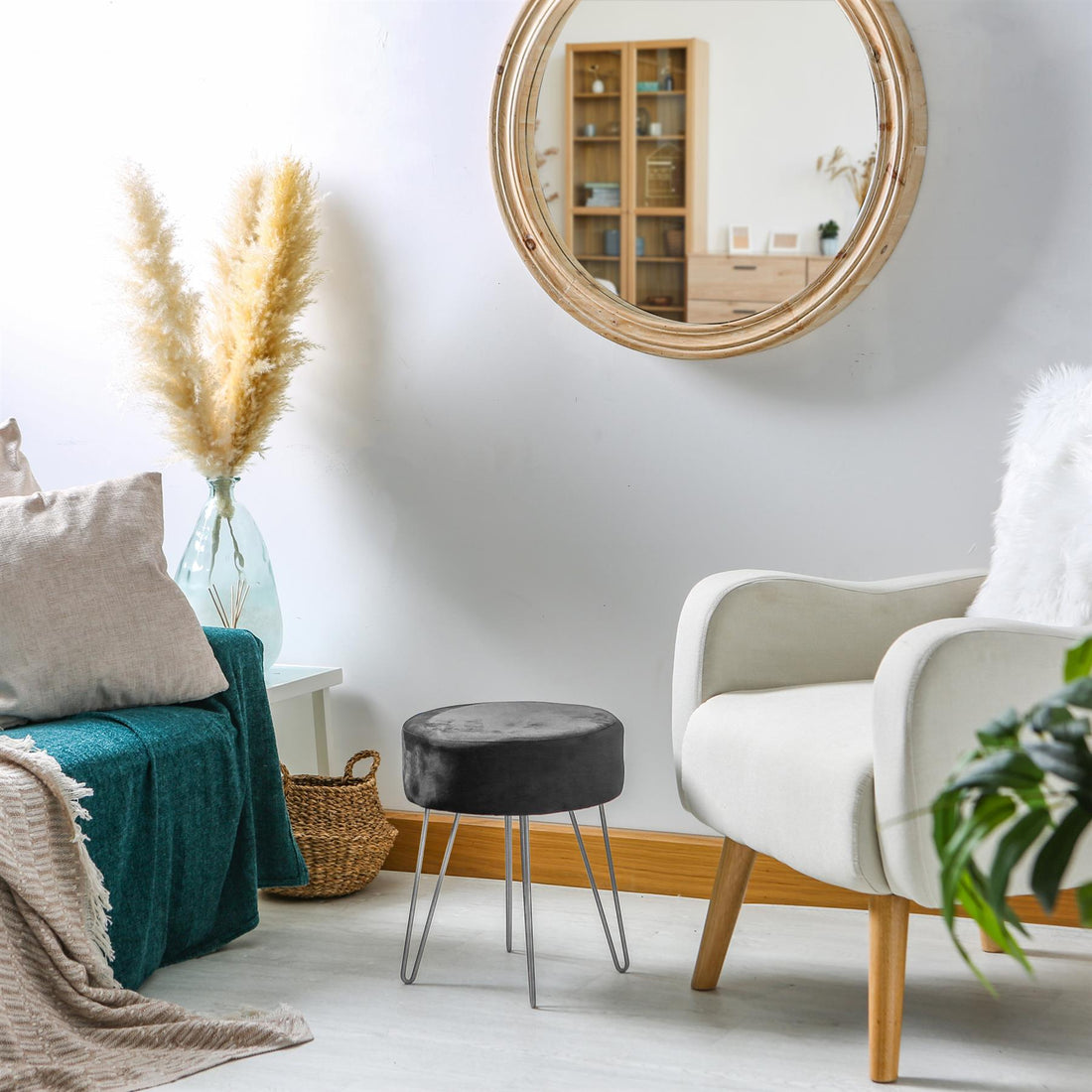Black Round Velvet Footstool with Silver Legs