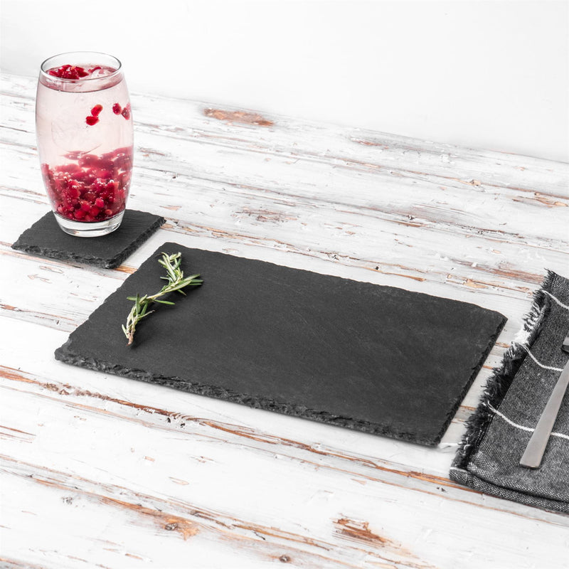 12pc Black Rectangle Slate Placemats & Coasters Set - By Argon Tableware