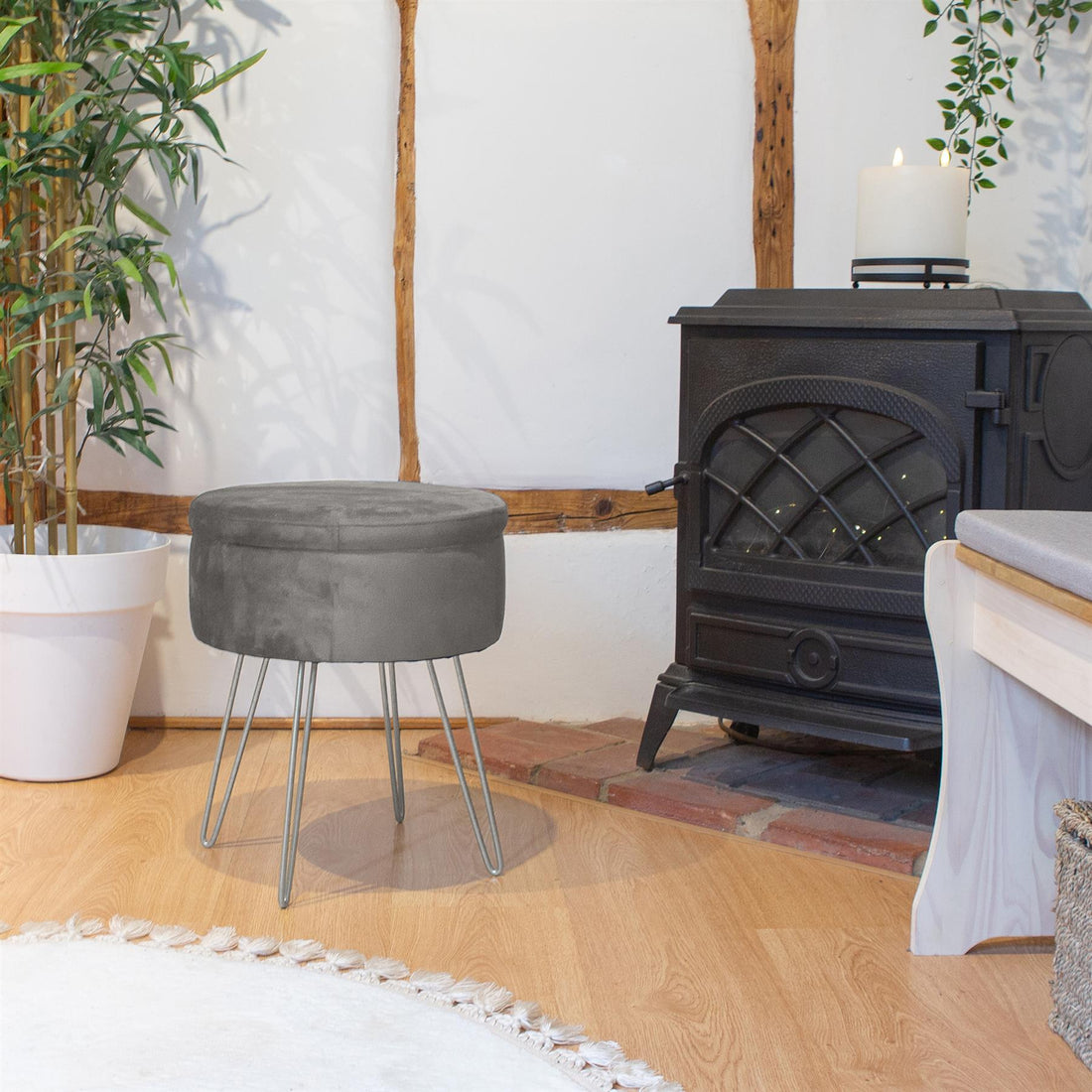 Grey Round Velvet Storage Footstool with Silver Legs