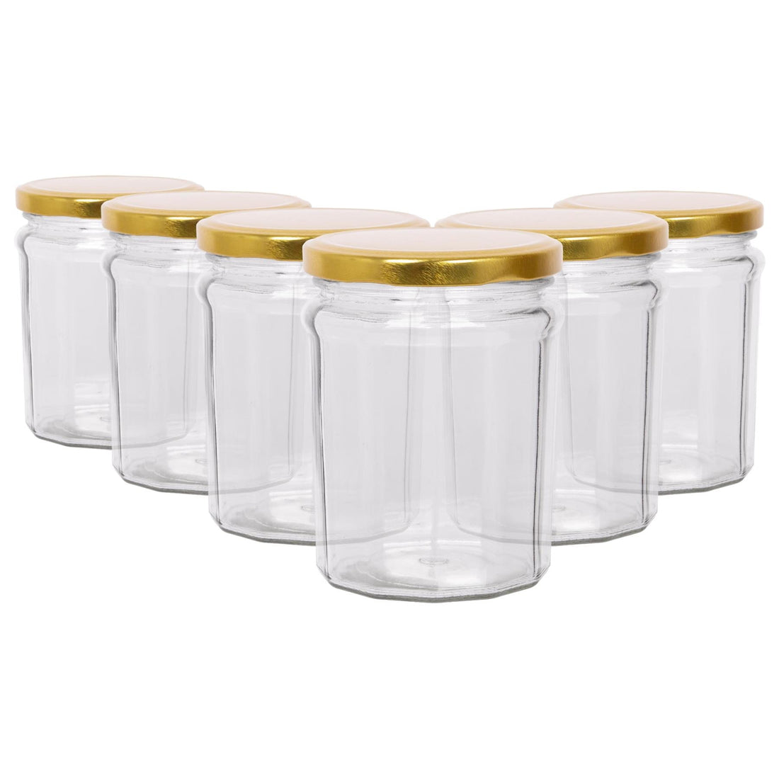 380ml Octagonal Glass Jam Jars with Gold Lids - Pack of 6