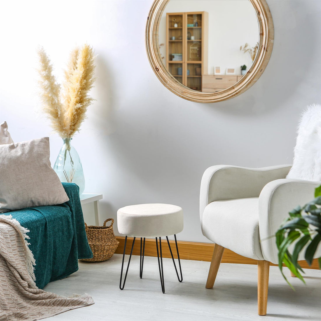 Cream Round Velvet Footstool with Black Legs