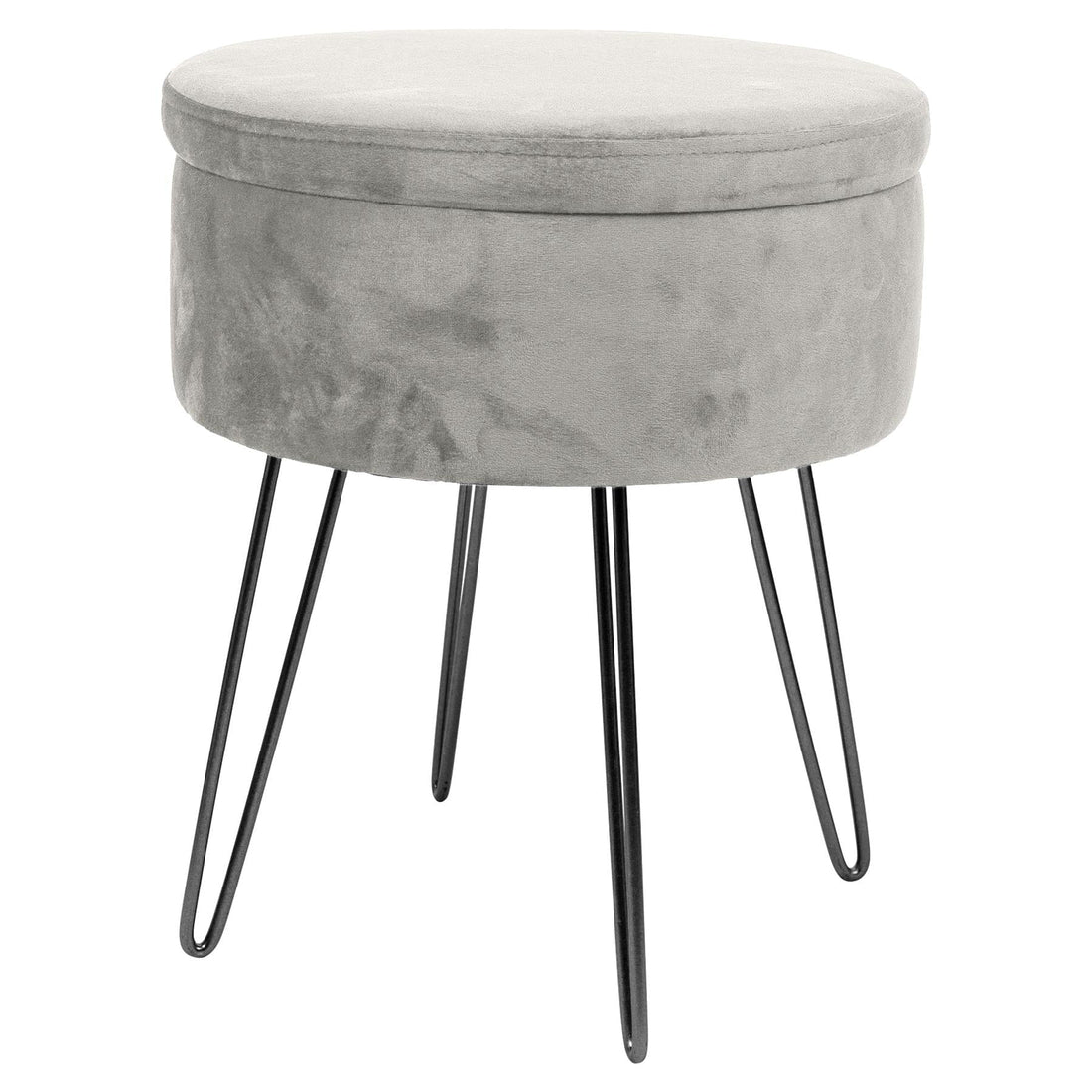 Grey Round Velvet Storage Footstool with Black Legs