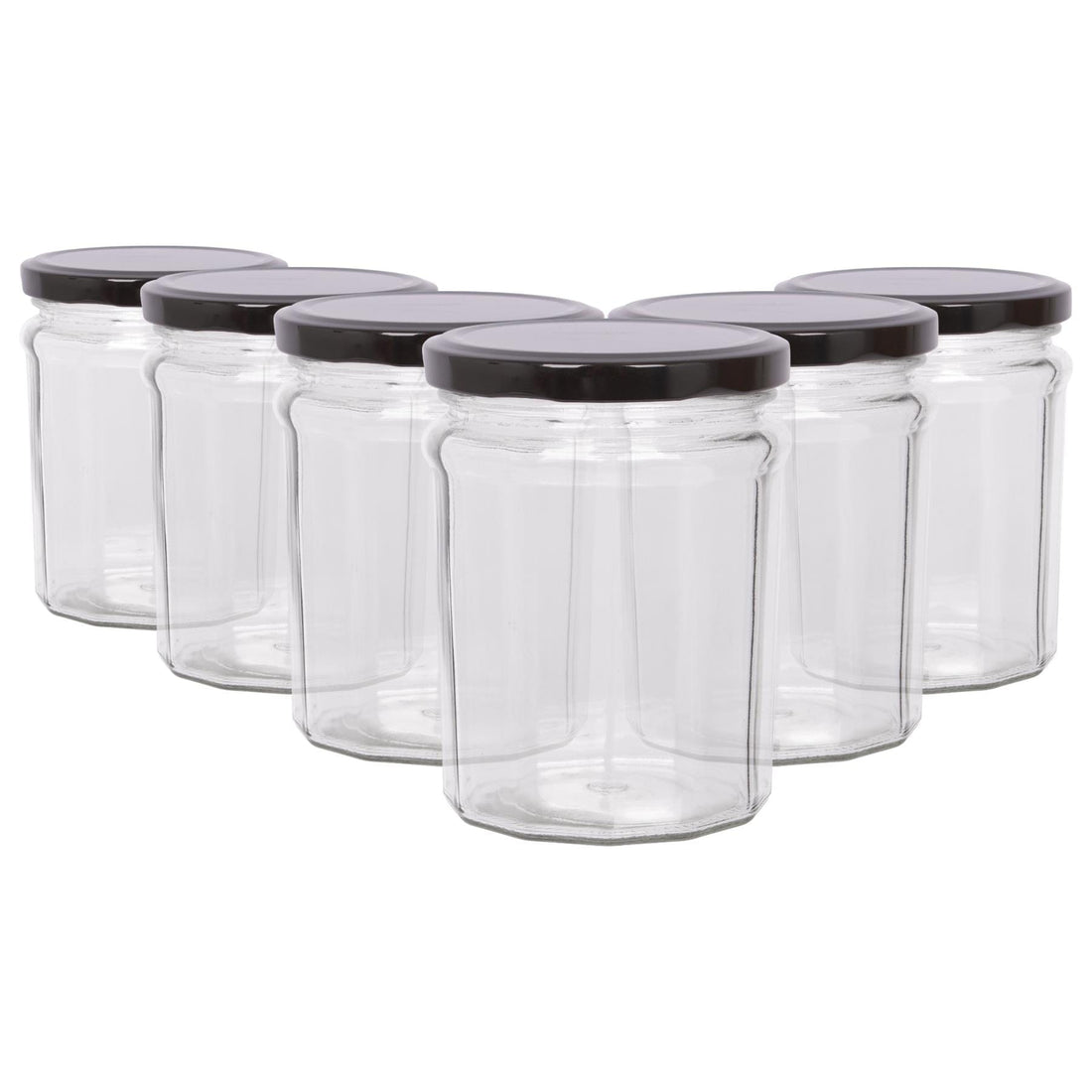 380ml Octagonal Glass Jam Jars with Black Lids - Pack of 6